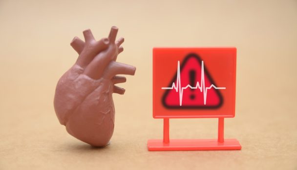 Human,Heart,Model,Beside,A,Red,Warning,Sign,With,An