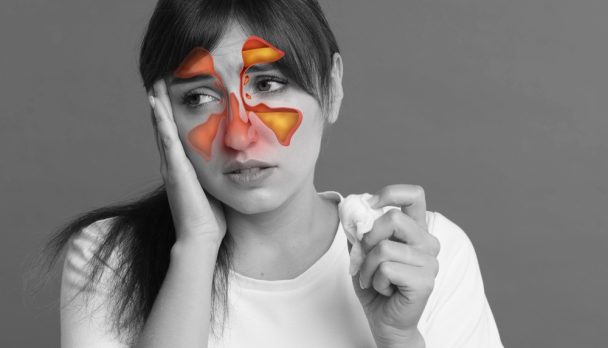 Woman,Suffering,From,Sinusitis,,Black,And,White,Effect.,Illustration,On